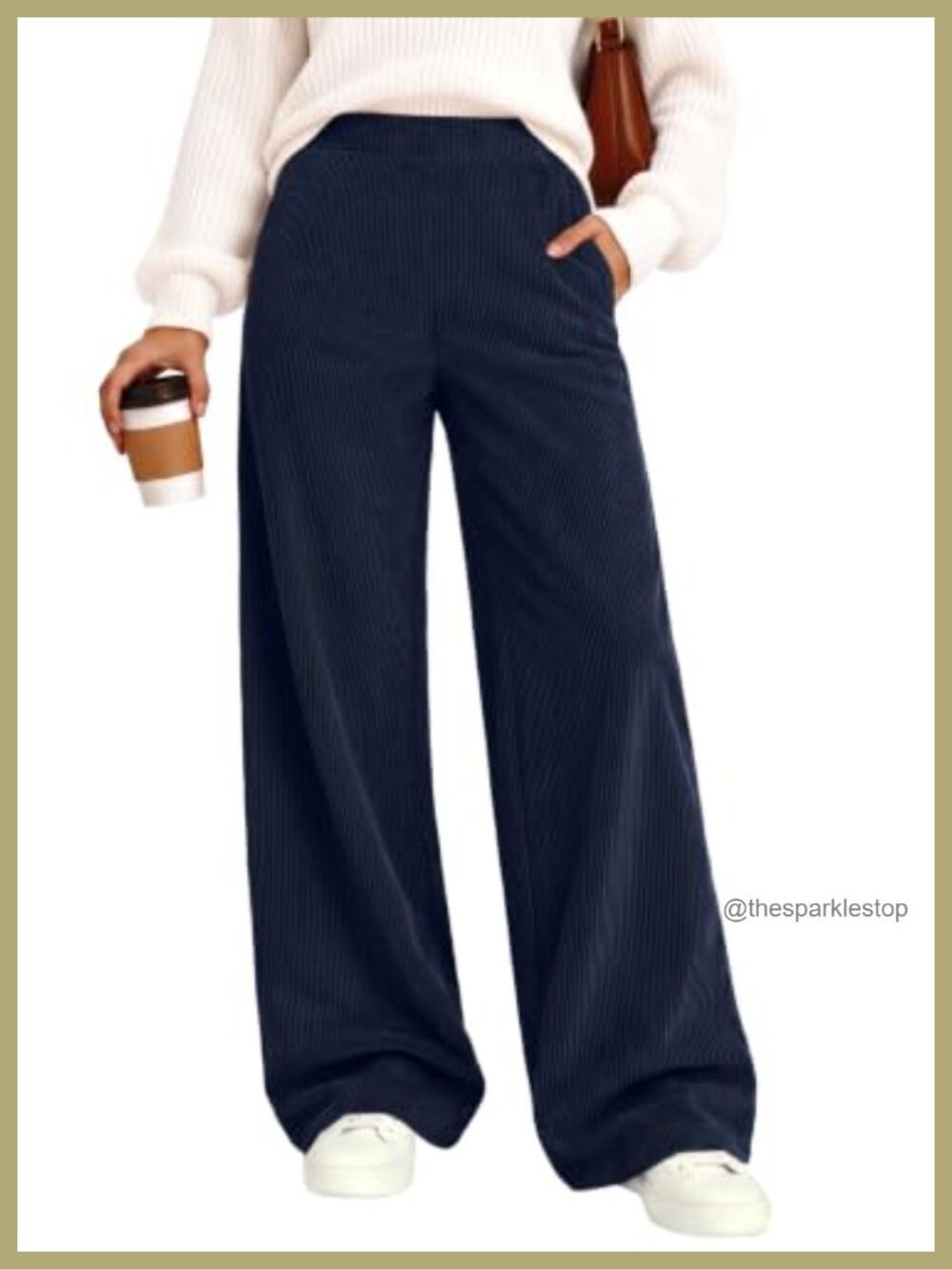 High Waisted Wide Leg Corduroy Trousers with Pockets Pull On